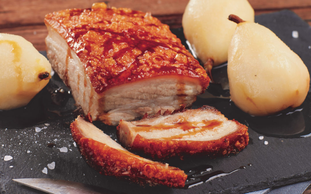 Slow Cooked Pork Belly with Poached Pears and Caramel Vinegar