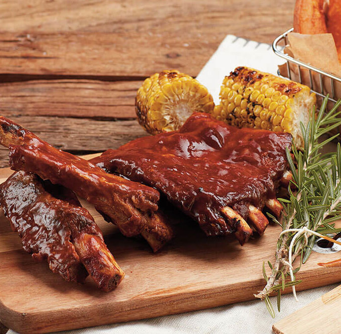 BBQ Pork Ribs With Grilled Corn & Sweet Potato Wedges