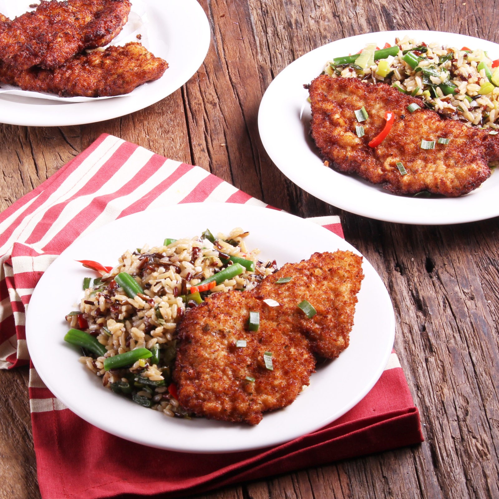 Schnitzel With Buttered Wild Rice And Green Beans - Three Aussie Farmers Lightly Seasoned Pork Schnitzel