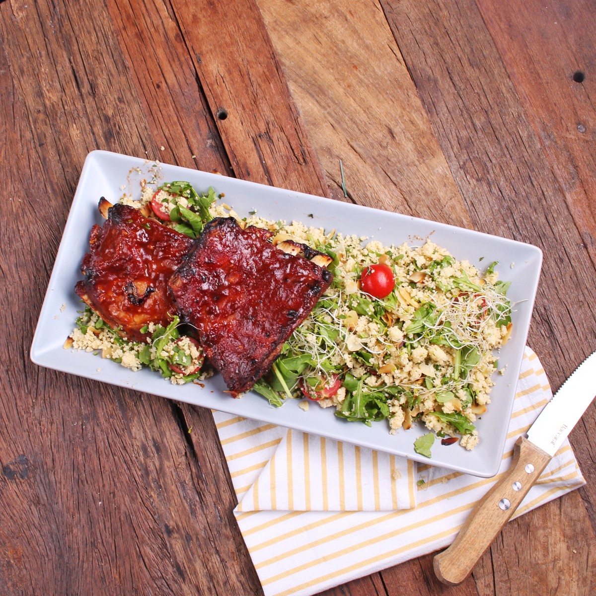 Sweet And Spicy BBQ Pork Ribs With Herbed Cous Cous - Three Aussie Farmers Sweet and Spicy BBQ Pork Ribs