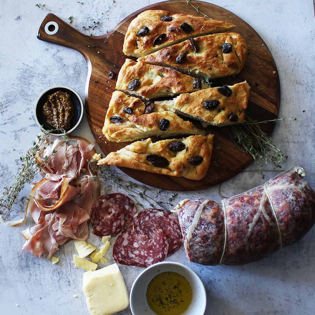 Charcuterie Board with Homemade Olive Focaccia Bread - Leg Ham
