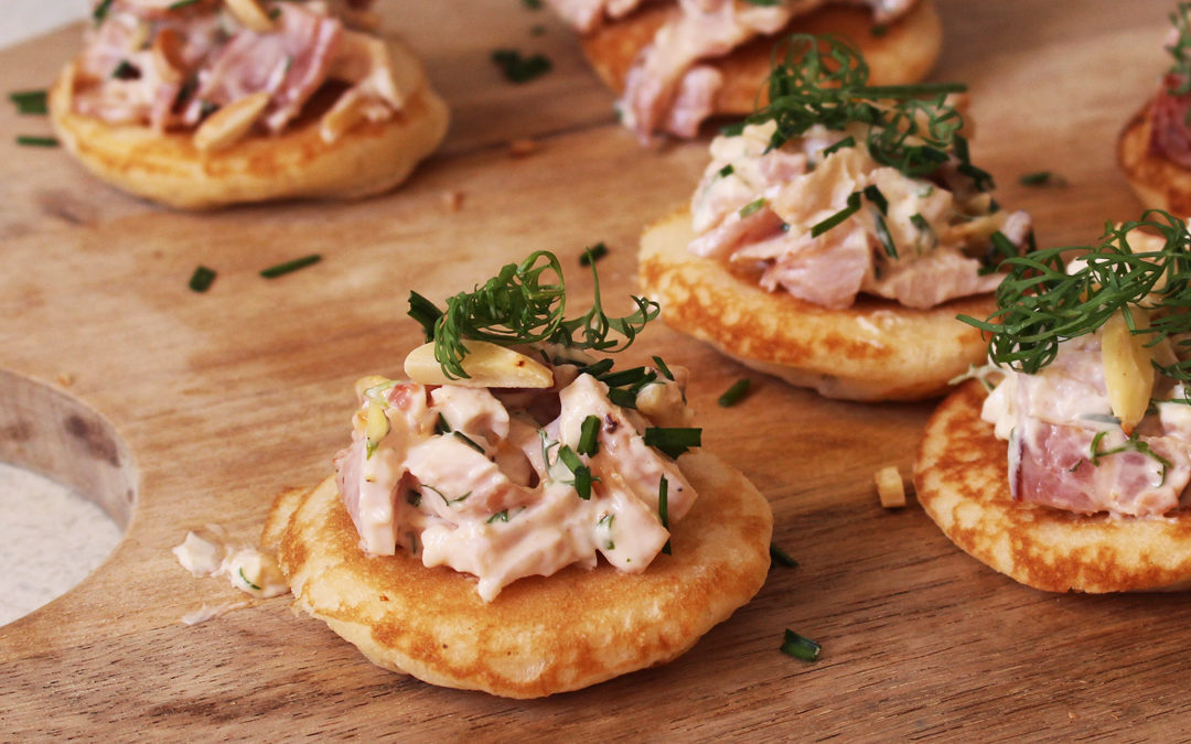 Bacon, Dill and Smoked Chicken Blinis