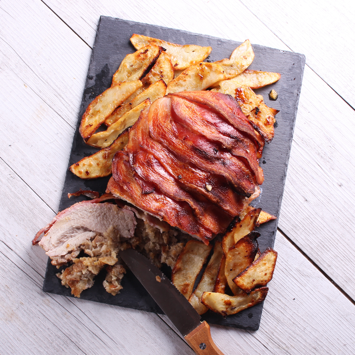 Blue Cheese stuffed pork and bacon roast - loin