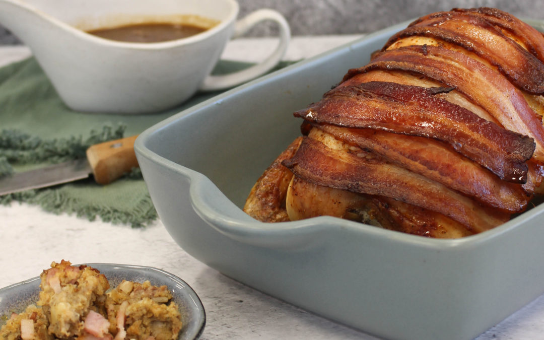 Bacon Wrapped Roast Chicken with Pork, Sage and Pistachio Stuffing