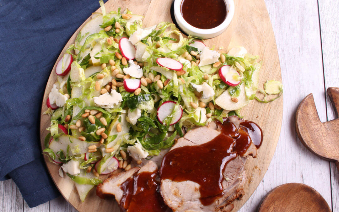 Dijon Crusted Pork Roast with Pear and Brussels Sprouts Salad