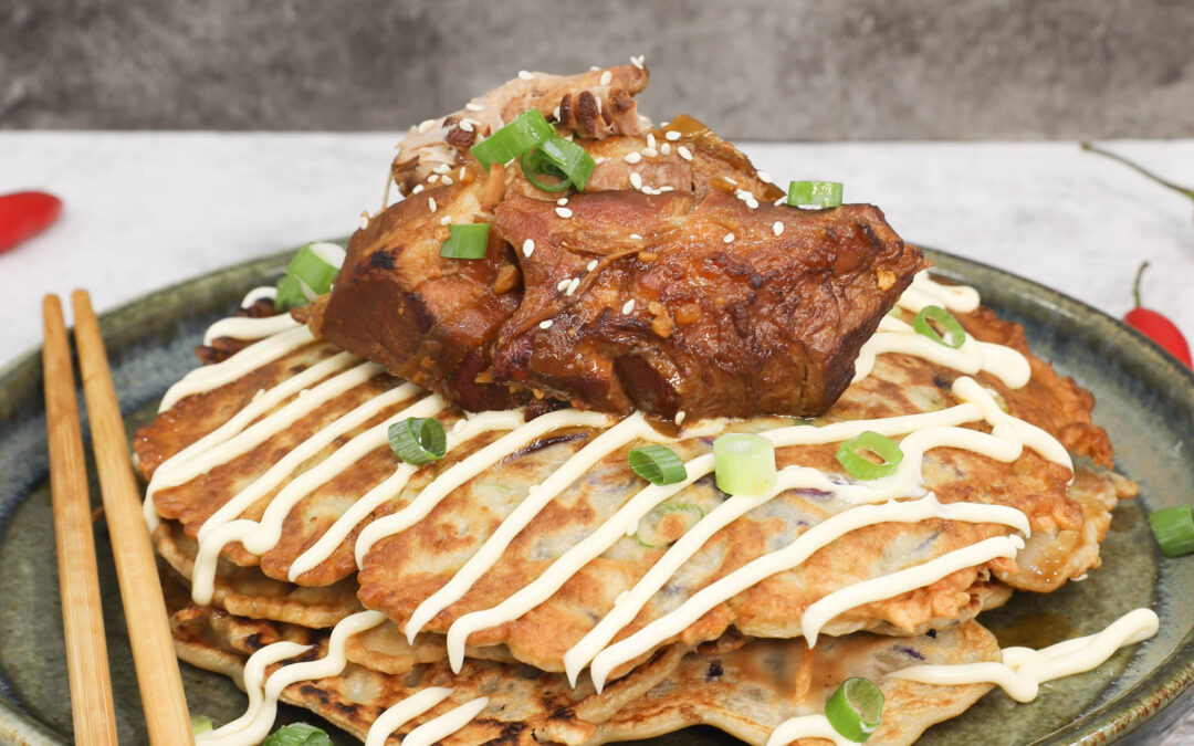Miso Braised Pork Cheeks with Okonomiyaki Japanese Pancakes