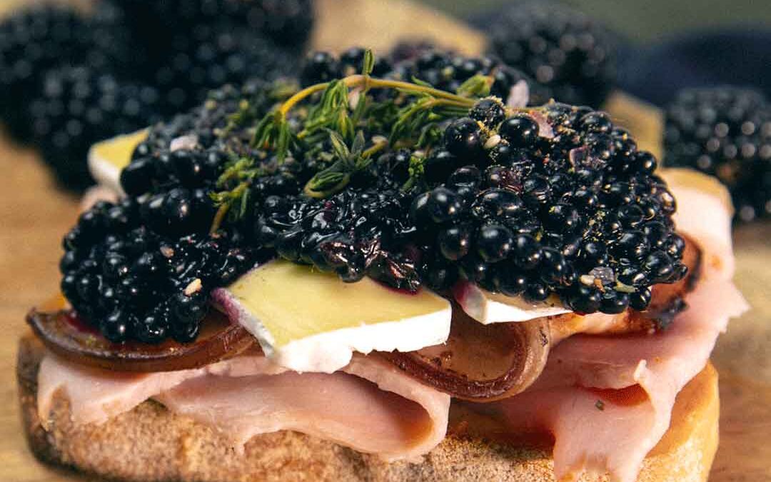Ham, Bacon and Blackberry Open Sandwich with Honey
