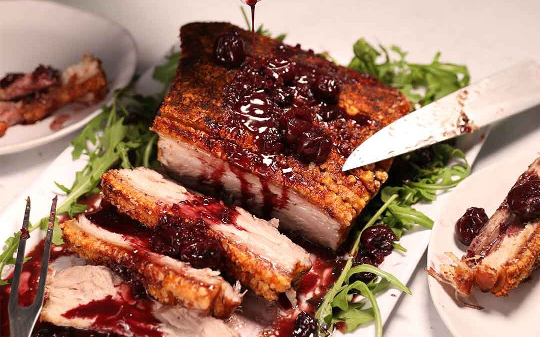 Roasted Pork Belly with Red Wine & Cherry Sauce